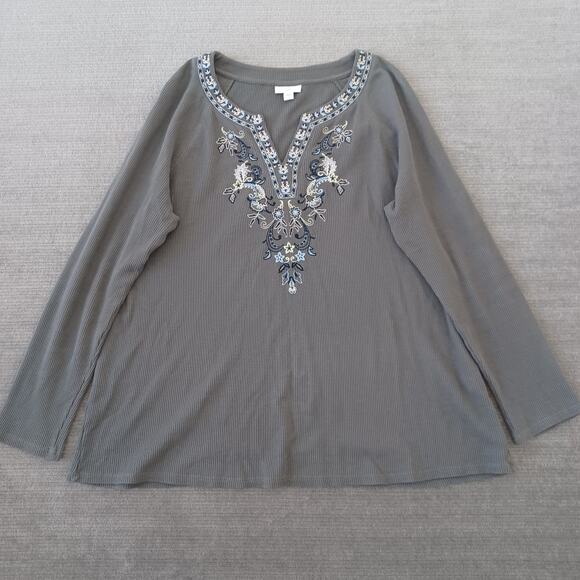 J. Jill Tops - J Jill Top Women L Green Thermal Waffle Embroidery Minimal‎ V Neck Casual